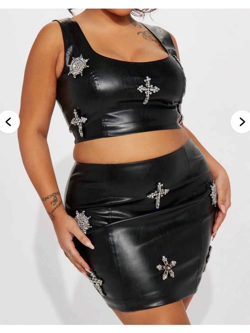 Fashion Nova Black Faux Leather Embellished Two-Piece Skirt Set
